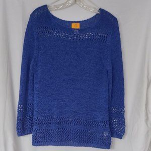 Ruby Rd Knit Sweater Cotton Poly Blend Open Weave L Large Bright Blue Year Round